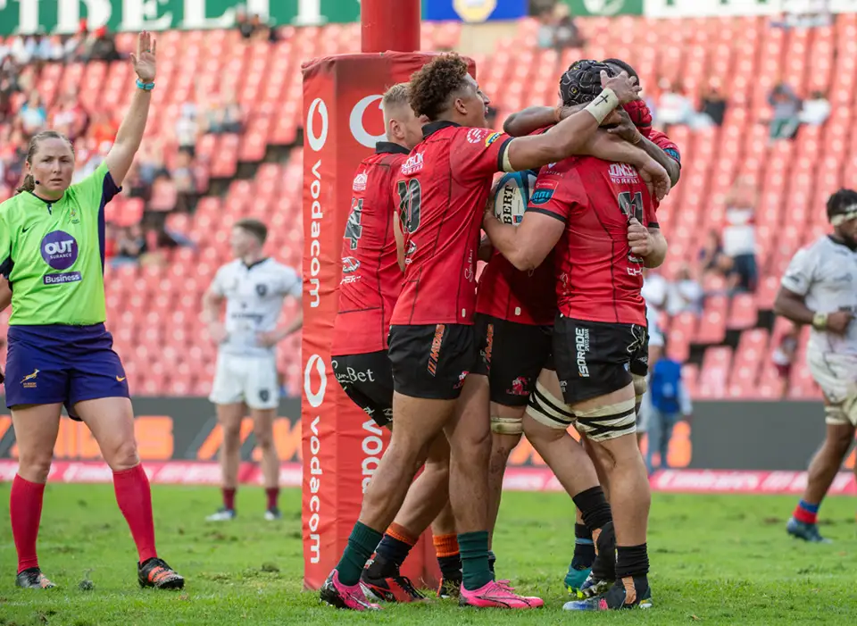 Lions Rugby team celebrating a try during the United Rugby Championship