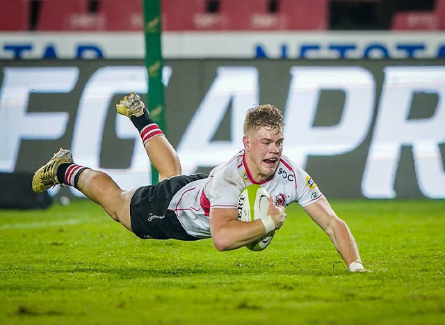 Morne Van Den Berg scoring a try with Megapro on the LED screens supplied by Megaview